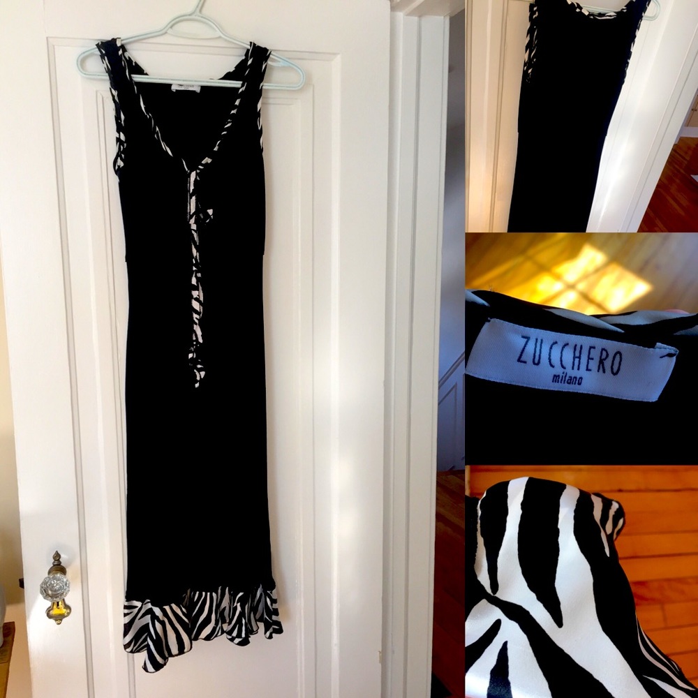 Stretchy, Slinky Black Dress With Zebra Trim